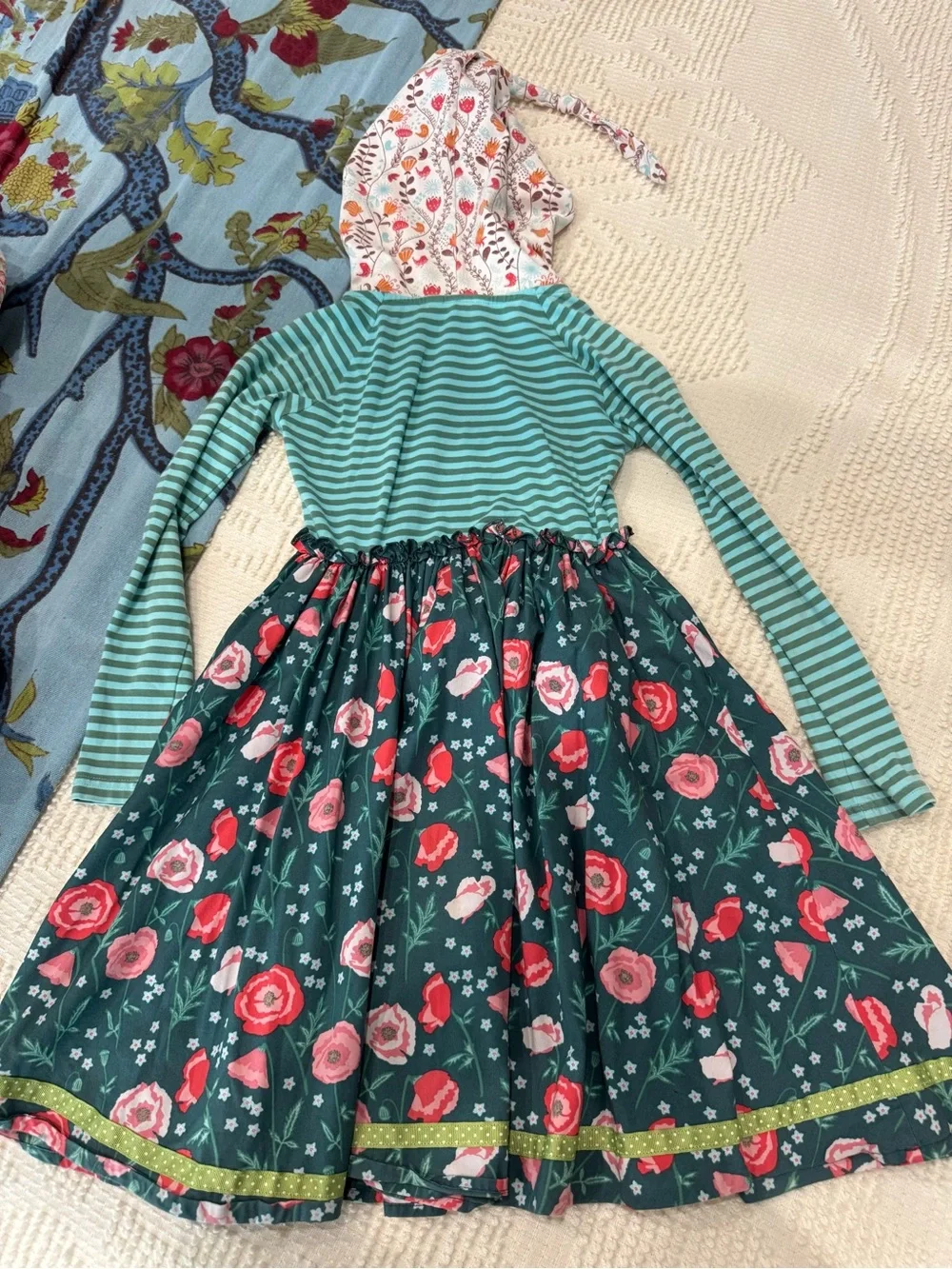 Matilda Jane Teal Striped Hooded Dress with Pink Floral Skirt